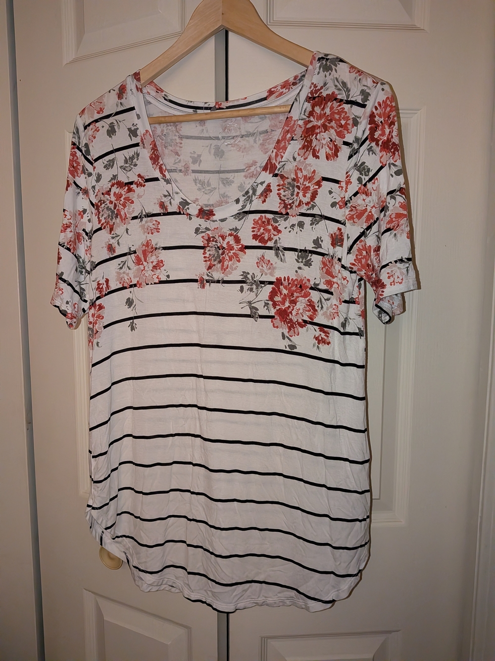 Women's Scoop Neck Short Sleeve Tee - White with Coral Floral & Black Stripes